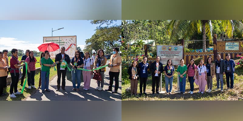 Mayor Garnace-Calunan, Vice Gov. Vaquilar, and RD De Leon conduct the ceremonial ribbon cutting of the SGLG-funded solar street lights (left photo); Officials posing for a group photo with the SGLGIF marker in the background of the installed solar streetlights (right).