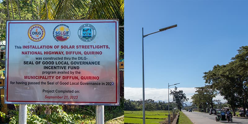 SGLGIF marker (left) and the installed solar street lights (right)