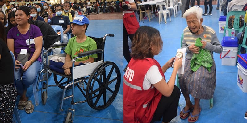 Beneficiaries of the LAB 4 ALL Caravan – A disabled boy from (left) in a wheelchair accompanied by his mother for medical consultation, and a senior citizen sheds tears of joy after receiving financial assistance from the DSWD.